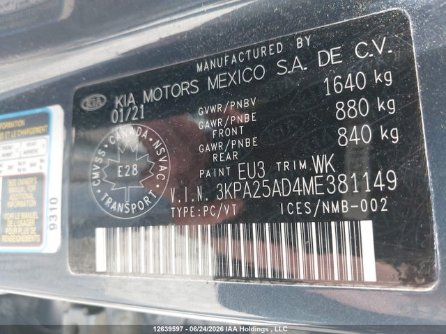 Aukcja sprzedaży 2021 Kia Rio Lx Premium/lx+, vin: 3KPA25AD4ME381149, numer aukcji: 12639597