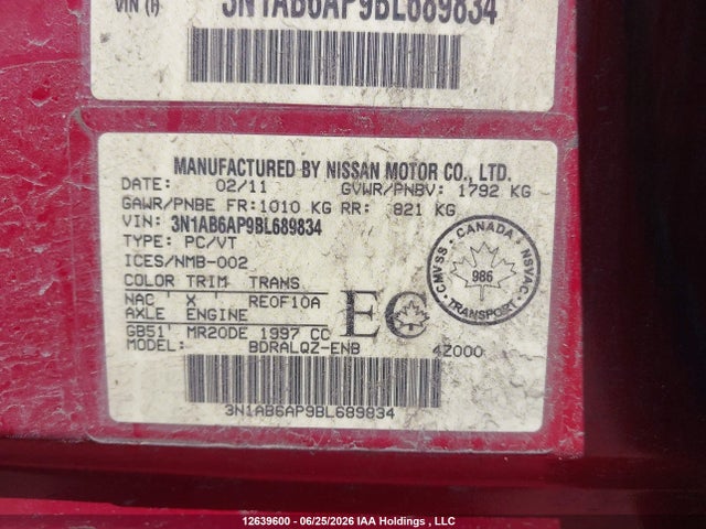 2011 Nissan Sentra 2.0 მანქანა იყიდება აუქციონზე, vin: 3N1AB6AP9BL689834, აუქციონის ნომერი: 12639600