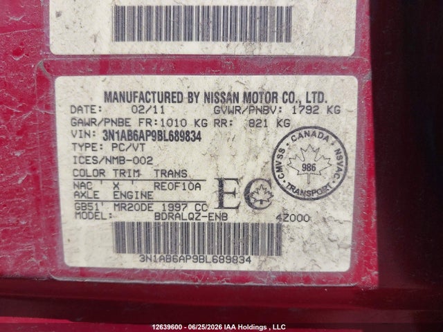 2011 Nissan Sentra 2.0 მანქანა იყიდება აუქციონზე, vin: 3N1AB6AP9BL689834, აუქციონის ნომერი: 12639600