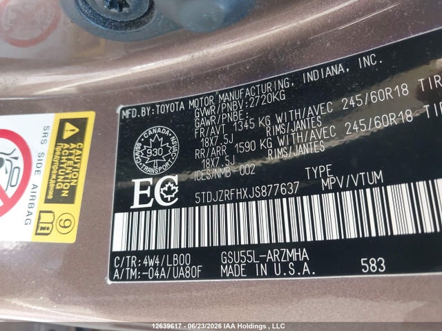 Toyota Highlander 2018 5TDJZRFHXJS877637 Image 9