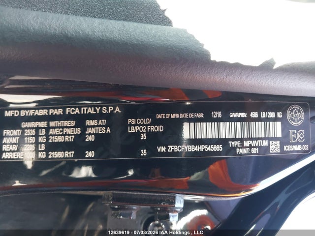 Продажа на аукционе авто 2017 Fiat 500x Easy, vin: ZFBCFYBB4HP545665, номер лота: 12639619