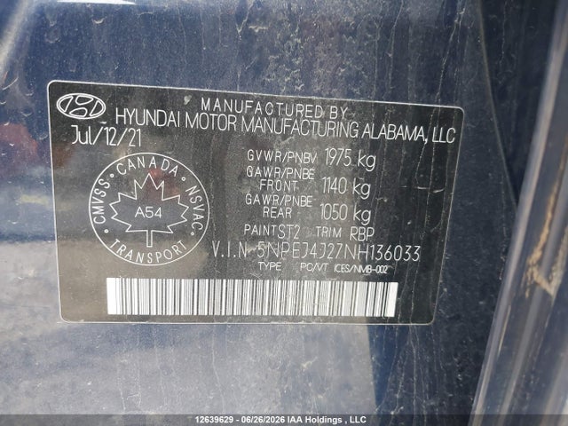 Продаж на аукціоні авто 2022 Hyundai Sonata, vin: 5NPEJ4J27NH136033, номер лоту: 12639629
