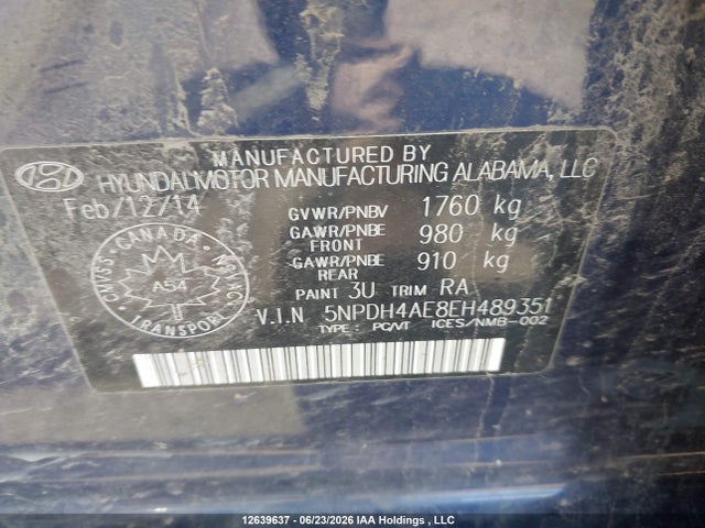 12639637 :رقم المزاد ، 5NPDH4AE8EH489351 vin ، 2014 Hyundai Elantra Se/sport/limited مزاد بيع