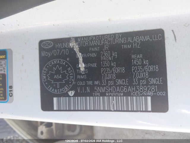 Продажа на аукционе авто 2010 Hyundai Santa Fe, vin: 5NMSHDAG6AH389281, номер лота: 12639646