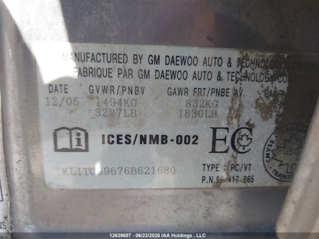 Продажа на аукционе авто 2006 Chevrolet Aveo 5 Lt, vin: KL1TG69676B621680, номер лота: 12639657