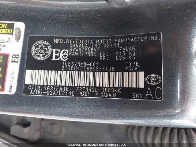 2011 Toyota Corolla Ce მანქანა იყიდება აუქციონზე, vin: 2T1BU4EE6BC577438, აუქციონის ნომერი: 12639666