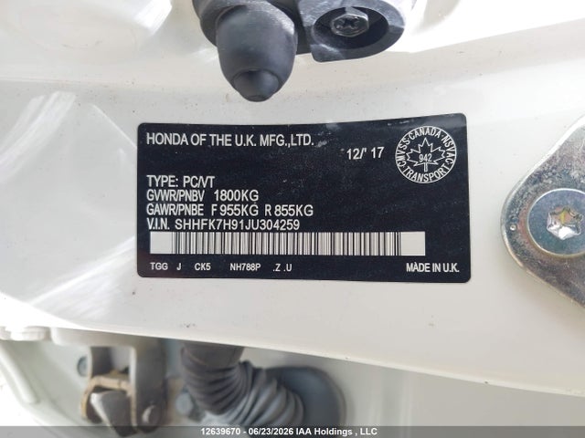 Продаж на аукціоні авто 2018 Honda Civic Sport Touring, vin: SHHFK7H91JU304259, номер лоту: 12639670