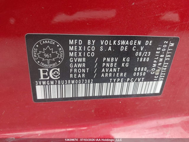 12639674 :رقم المزاد ، 3VWGM7BU3RM007382 vin ، 2024 Volkswagen Jetta Sel مزاد بيع