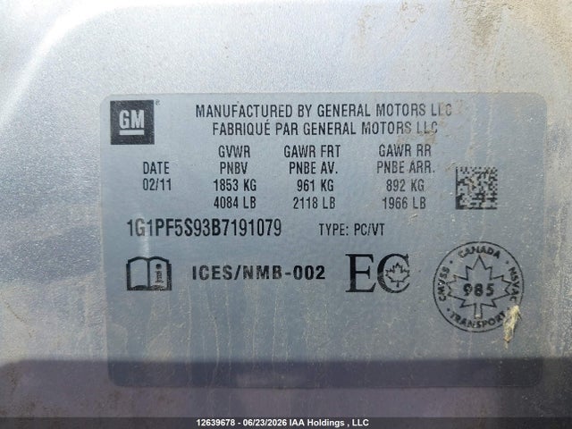 2011 Chevrolet Cruze მანქანა იყიდება აუქციონზე, vin: 1G1PF5S93B7191079, აუქციონის ნომერი: 12639678