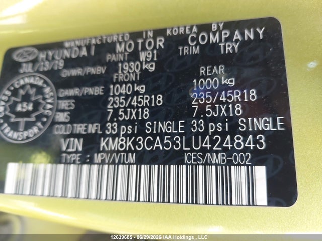 Продаж на аукціоні авто 2020 Hyundai Kona Trend Awd With Urban Edition Package, vin: KM8K3CA53LU424843, номер лоту: 12639685