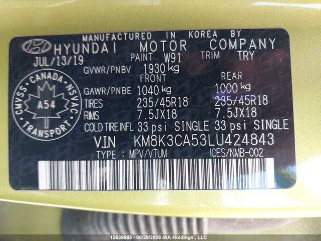 Продаж на аукціоні авто 2020 Hyundai Kona Trend Awd With Urban Edition Package, vin: KM8K3CA53LU424843, номер лоту: 12639685
