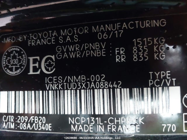 12639698 :رقم المزاد ، VNKKTUD3XJA088442 vin ، 2018 Toyota Yaris L/le/se مزاد بيع