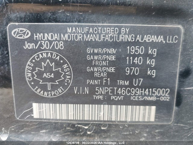 12639709 :رقم المزاد ، 5NPET46C99H415002 vin ، 2009 Hyundai Sonata Gl/gl Premium/gl Sport/limited مزاد بيع