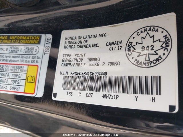 Продаж на аукціоні авто 2012 Honda Civic Lx, vin: 2HGFG3B41CH004440, номер лоту: 12639717