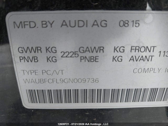 Aukcja sprzedaży 2016 Audi A4 Komfort Plus, vin: WAUBFCFL9GN009736, numer aukcji: 12639721