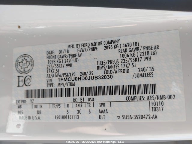 12639726 :رقم المزاد ، 1FMCU0HD0JUB32030 vin ، 2018 Ford Escape Sel مزاد بيع