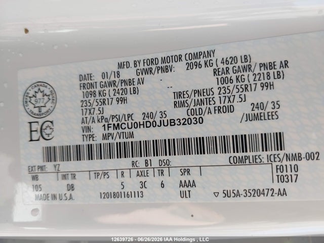 12639726 :رقم المزاد ، 1FMCU0HD0JUB32030 vin ، 2018 Ford Escape Sel مزاد بيع