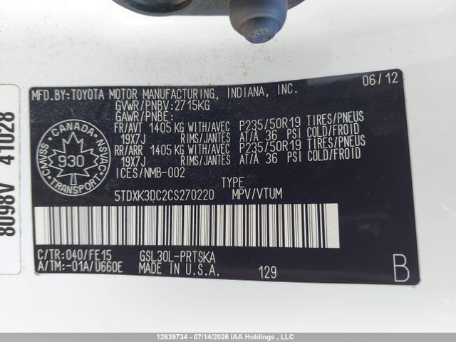 12639734 :رقم المزاد ، 5TDXK3DC2CS270220 vin ، 2012 Toyota Sienna Sport مزاد بيع