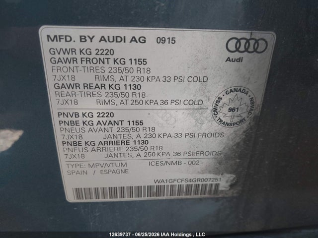 Продажа на аукционе авто 2016 Audi Q3 Prestige, vin: WA1GFCFS4GR007251, номер лота: 12639737