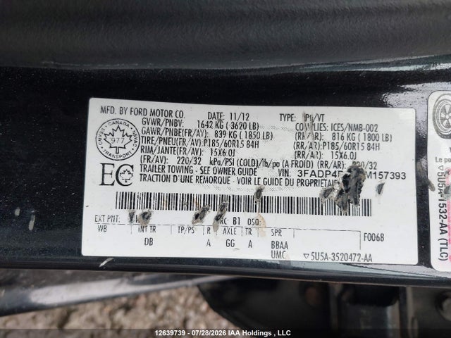 12639739 :رقم المزاد ، 3FADP4BJ1DM157393 vin ، 2013 Ford Fiesta Se مزاد بيع