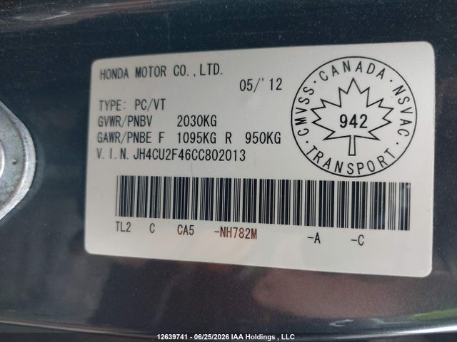 Aukcja sprzedaży 2012 Acura Tsx, vin: JH4CU2F46CC802013, numer aukcji: 12639741