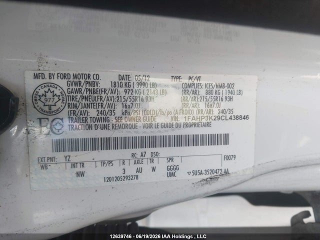 12639746 :رقم المزاد ، 1FAHP3K29CL438846 vin ، 2012 Ford Focus Se مزاد بيع