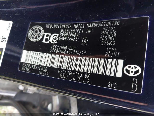 12638167 :رقم المزاد ، 5YFB4MDE4SP314771 vin ، 2025 Toyota Corolla Le مزاد بيع