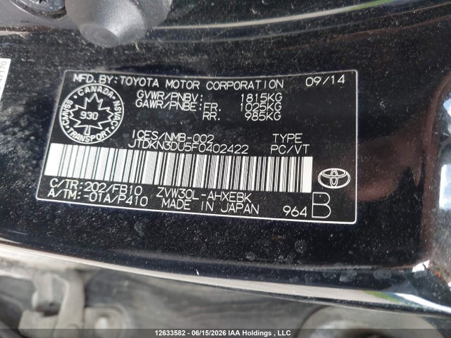12633582 :رقم المزاد ، JTDKN3DU5F0402422 vin ، 2015 Toyota Prius مزاد بيع