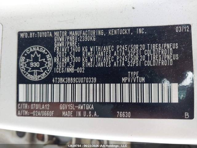 2012 Toyota Venza Base V6 მანქანა იყიდება აუქციონზე, vin: 4T3BK3BB9CU070339, აუქციონის ნომერი: 12639764