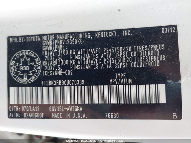 2012 Toyota Venza Base V6 მანქანა იყიდება აუქციონზე, vin: 4T3BK3BB9CU070339, აუქციონის ნომერი: 12639764