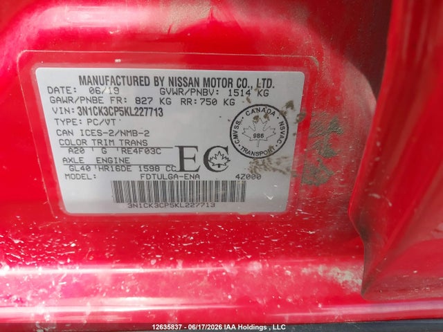 Aukcja sprzedaży 2019 Nissan Micra S/sr/sv, vin: 3N1CK3CP5KL227713, numer aukcji: 12635837