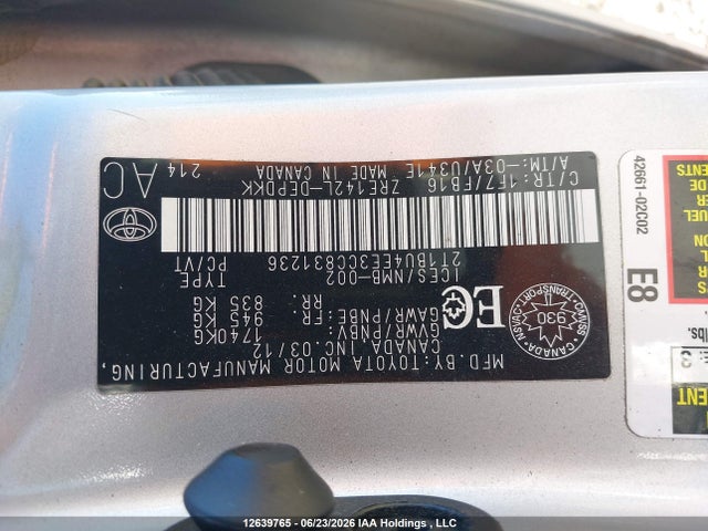 12639765 :رقم المزاد ، 2T1BU4EE3CC831236 vin ، 2012 Toyota Corolla Ce مزاد بيع
