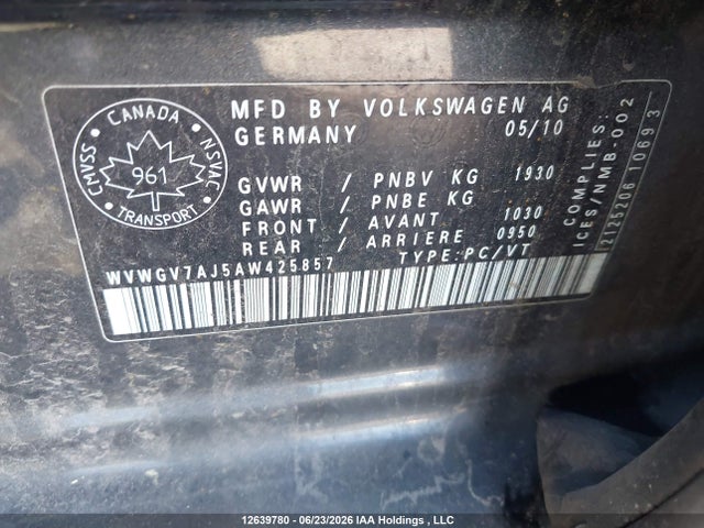 12639780 :رقم المزاد ، WVWGV7AJ5AW425857 vin ، 2010 Volkswagen Golf Gti 5-door مزاد بيع