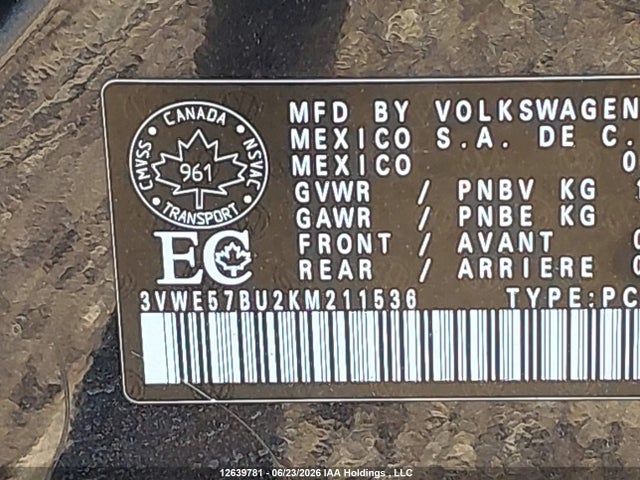 3VWE57BU2KM211536 Volkswagen JETTA SEL