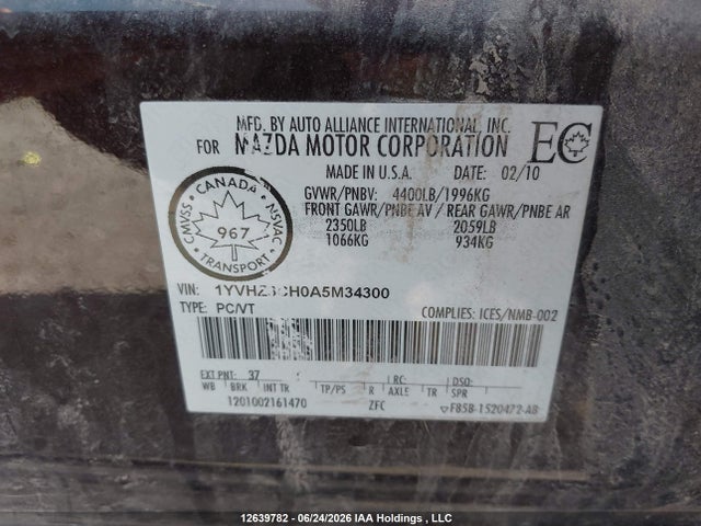 Aukcja sprzedaży 2010 Mazda 6 I, vin: 1YVHZ8CH0A5M34300, numer aukcji: 12639782
