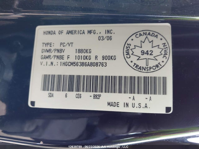 Продажа на аукционе авто 2006 Honda Accord Se, vin: 1HGCM56386A808763, номер лота: 12639789