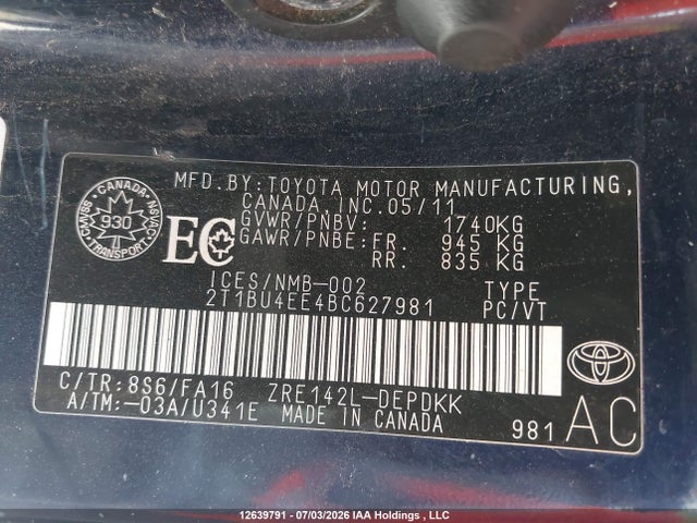 Aukcja sprzedaży 2011 Toyota Corolla S/le, vin: 2T1BU4EE4BC627981, numer aukcji: 12639791