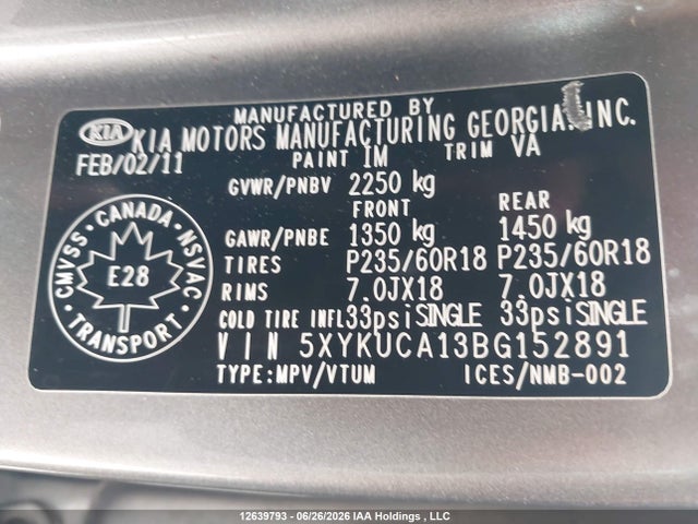 Aukcja sprzedaży 2011 Kia Sorento Ex, vin: 5XYKUCA13BG152891, numer aukcji: 12639793