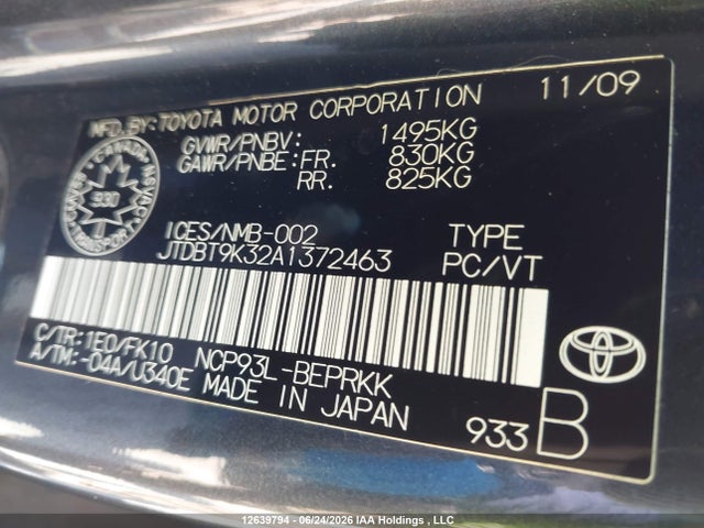 12639794 :رقم المزاد ، JTDBT9K32A1372463 vin ، 2010 Toyota Yaris مزاد بيع