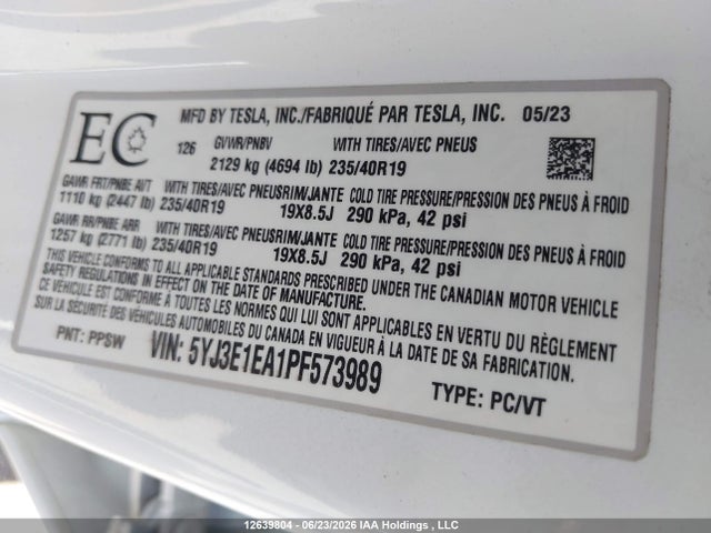 Aukcja sprzedaży 2023 Tesla Model 3 Rwd, vin: 5YJ3E1EA1PF573989, numer aukcji: 12639804