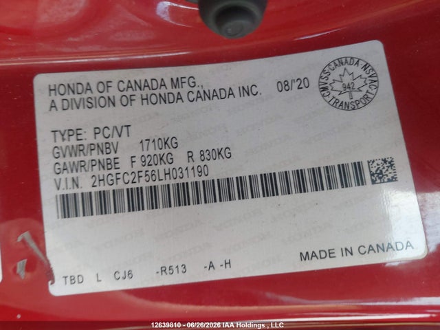 Продаж на аукціоні авто 2020 Honda Civic Lx, vin: 2HGFC2F56LH031190, номер лоту: 12639810