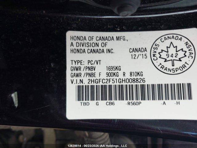 Aukcja sprzedaży 2016 Honda Civic Lx, vin: 2HGFC2F51GH008826, numer aukcji: 12639814