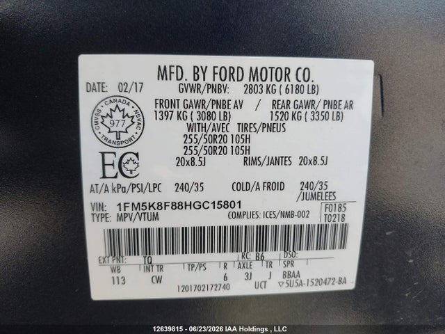 12639815 :رقم المزاد ، 1FM5K8F88HGC15801 vin ، 2017 Ford Explorer Limited مزاد بيع