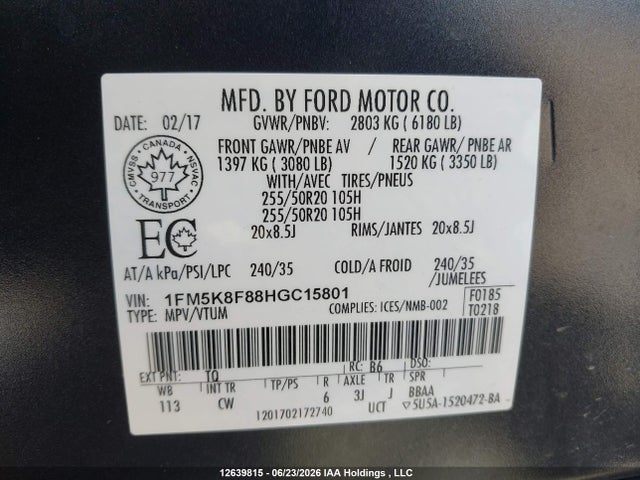 1FM5K8F88HGC15801 Ford Explorer Limited