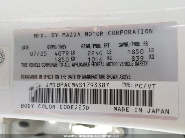 12639816 :رقم المزاد ، JM1BPACM4S1793387 vin ، 2025 Mazda 3 Preferred مزاد بيع