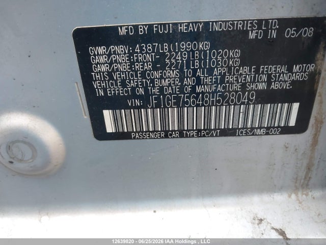 Продаж на аукціоні авто 2008 Subaru Impreza Wrx Premium, vin: JF1GE75648H528049, номер лоту: 12639820