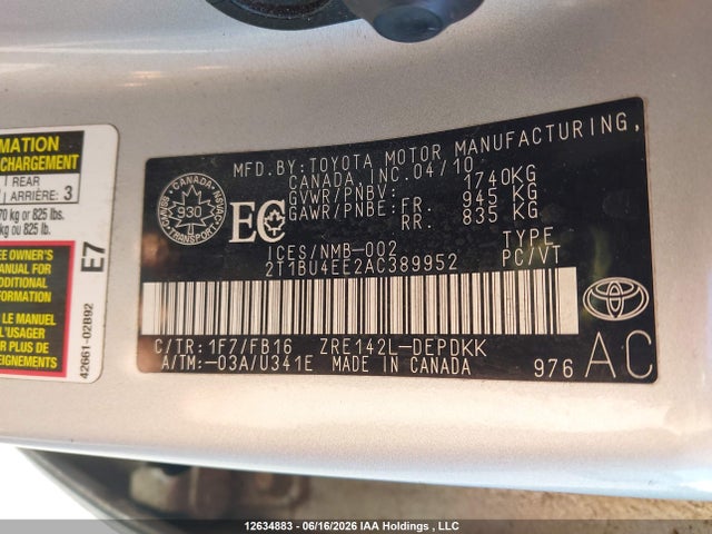 12634883 :رقم المزاد ، 2T1BU4EE2AC389952 vin ، 2010 Toyota Corolla Ce مزاد بيع