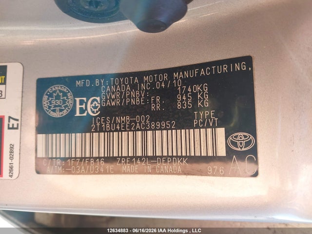 12634883 :رقم المزاد ، 2T1BU4EE2AC389952 vin ، 2010 Toyota Corolla Ce مزاد بيع