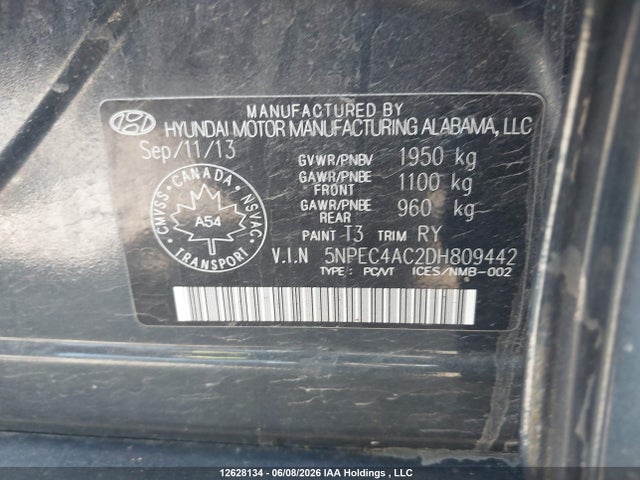 12628134 :رقم المزاد ، 5NPEC4AC2DH809442 vin ، 2013 Hyundai Sonata Limited مزاد بيع