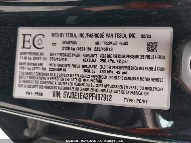5YJ3E1EA2PF497912 Tesla MODEL 3